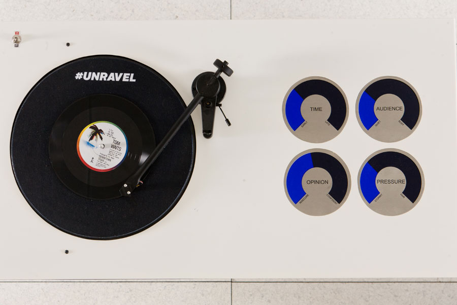 #UNRAVEL Record Player and displays: TIME, AUDIENCE, OPINION, PRESSURE